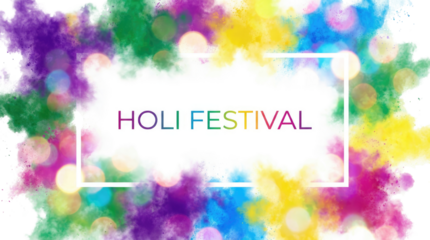 Happy holi indian festival colorful powder paint splatters in a rectangular frame with text inside on a bright clean white background cutout
