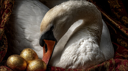 White Swan Nesting with Eggs on Straw Nest in Dark Background