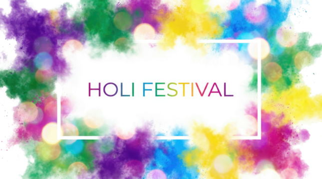 Happy holi indian festival colorful powder paint splatters in a rectangular frame with text inside on a bright clean white background cutout - Powered by Adobe