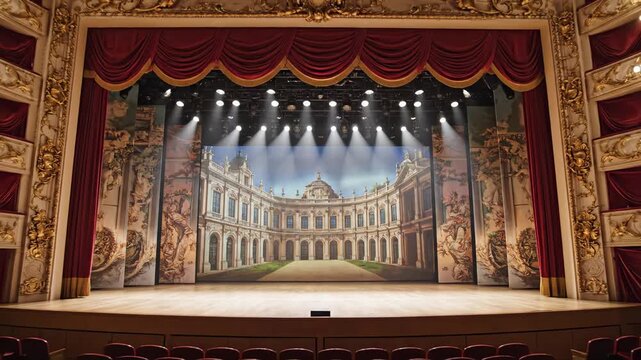 Open theatrical stage with red curtain. Bright spotlight illuminates backdrop of architectural building. Empty theater before play.