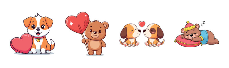 Obraz premium Cute cartoon animals with hearts and sleeping bear in winter hat