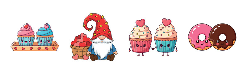 Cute cartoon desserts and gnome: cupcakes, donuts, and love-themed art