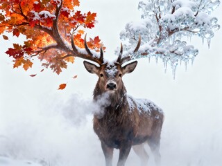 Majestic deer with antlers transforming into autumn leaves and winter ice on a snowy background.