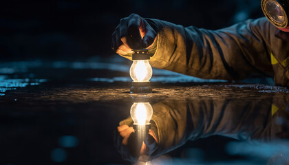 Person holding a lantern on wet surface at night, reflection visible.