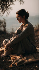 Woman sitting peacefully outdoors, gazing contemplatively at the horizon during sunset.