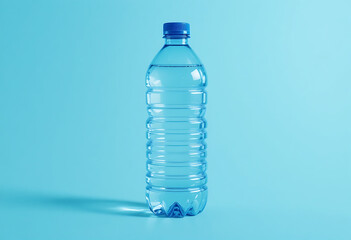 Naklejka premium Clear blue plastic water bottle with blue cap against blue background plastic bottle clear bottle blue bottle