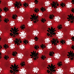 Seamless retro floral pattern. White, black, and red flowers on a dark red background.