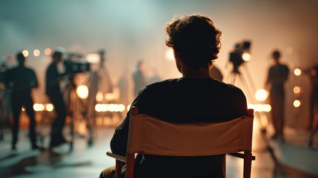 Cinematic behind view of film director seated in chair on studio set with camera crew, lighting, and equipment creating dramatic warm atmosphere and focused production energy