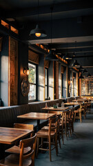 Cozy, modern cafe interior with wooden furniture and warm lighting.