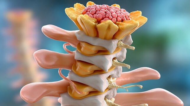 Flat realistic diagram of spinal tumor showing vertebra spinal cord localized tumor smooth vector layers neutral medical palette textbook clarity