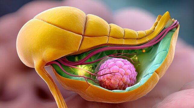 Flat realistic diagram of peritoneal tumor showing abdominal lining tumor growth soft shading anatomical educational look