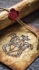 Old parchment with a crest, sealed with red wax, tied with twine.