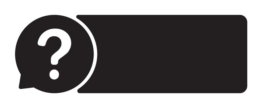 Question mark icon with text bubble in black and white design.