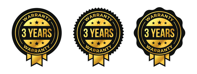 3 years warranty logo set with golden ribbon and stars in circle vector illustration. For icon, sign, symbol, badge, stamp, seal, label, shield, stickers, certificate, seal, lifetime, illustration