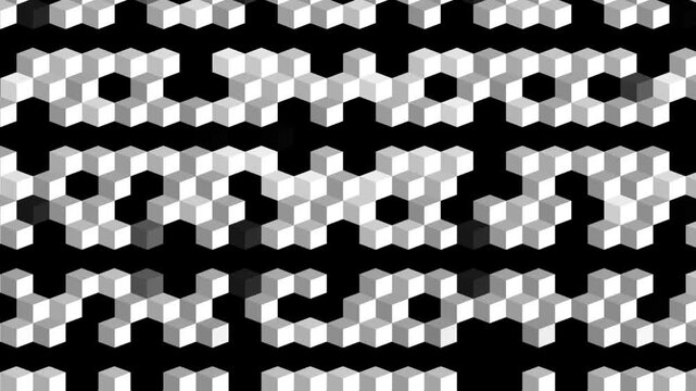 Abstract monochrome 3D isometric cubes pattern. Seamlessly looping animation of gray and white blocks shifting on a black background. Modern geometric background for tech and motion design.