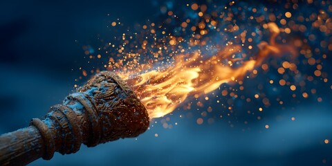 Flaming torch held against a deep blue twilight sky, bright orange and yellow fire sparks flying upwards, showing dynamic motion of the flame.