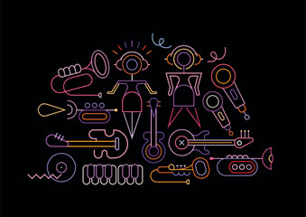 Neon colors isolated on a black background Music Party Night vector line art design. Dancing people and different musical instruments.