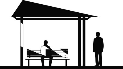 Black and white bus stop shelter silhouette vector illustration, people waiting at public transport station, minimal urban commuting concept design © MdMeherul