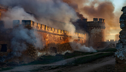 Ancient fortress wall with smoke and mist at sunset, rugged terrain nearby.
