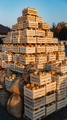 Large pyramid of wooden crates filled with small pumpkins outdoors at sunset.
