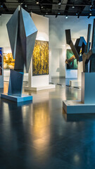 Modern art sculptures displayed in an indoor gallery setting.