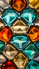 Colorful, faceted gemstones or glass pieces arranged in a pattern.