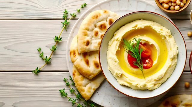 Traditional bowl of hummus topped with olive oil, fresh tomatoes, and dill served with warm pita bread. Middle Eastern appetizer concept on a rustic wooden table.