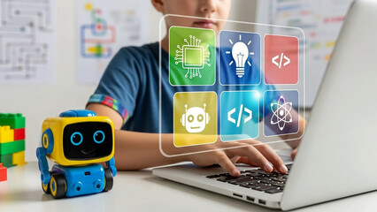 A young boy sitting at a desk with a toy robot and a laptop computer with coding symbols floating above the keyboard in a classroom setting with colorful educational with learning