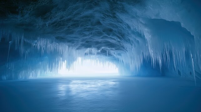 Sparkling icicles dangling from azure cave ceiling, revealing intricate crystalline formations above frozen lake surface with stunning natural beauty
