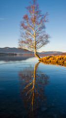 solitary leafless tree leaning over calm lake with mountain backdrop