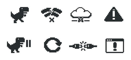 Obraz premium Pixel art icons featuring dinosaur, wi-fi, cloud, alert, reload, and browser symbols