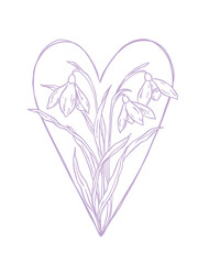 Hand drawn snowdrop flowers forming a heart outline. Delicate floral line art symbolizing spring, purity and love, perfect for romantic designs, wedding stationery and greeting cards.