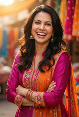 Joyful Indian Woman In Traditional Pink Salwar Kameez Laughing In Colorful Marketplace