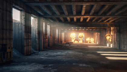Underpass with multiple explosions in the background, illuminated by sunlight and fire.