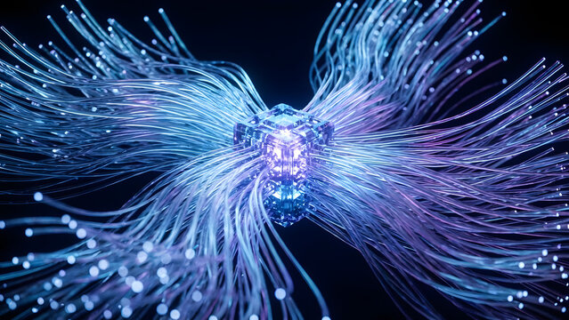 Abstract visualization of a quantum computing core with glowing data streams and fiber-like connections, representing artificial intelligence, data processing, quantum technology. - Powered by Adobe