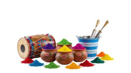 Happy holi indian festival featuring colorful powder pigments, a drum, paintbrushes in a transparent background and plain white background