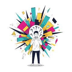 Confused young man with question marks above his head.