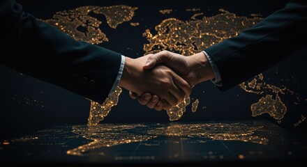 Global Business Deal: Handshake Over Illuminated World Map, Partnership Concept.