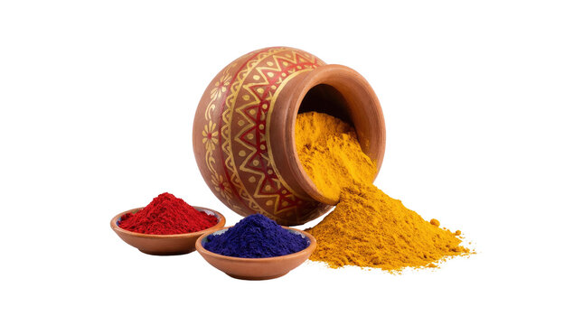 Happy holi indian festival a clay pot spills vibrant yellow powder near small bowls of red and blue pigments pure white background cutout
