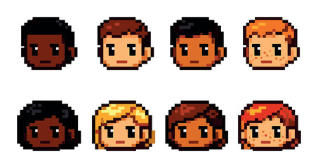 Pixel art diverse characters collection with varied hairstyles and skin tones