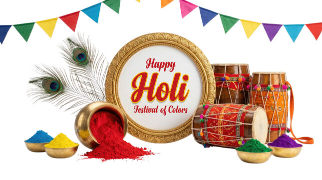 Happy holi indian festival with colorful powder in pots, decorative circle and festive flags hanging studio shot on white and transparent