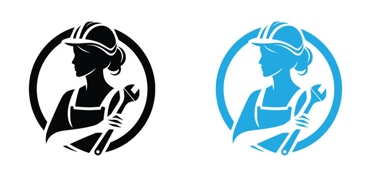 Female engineer icon. Service Engineer. Businesswoman with hard hat. Vector illustration. Female worker with wrench in modern logo designs