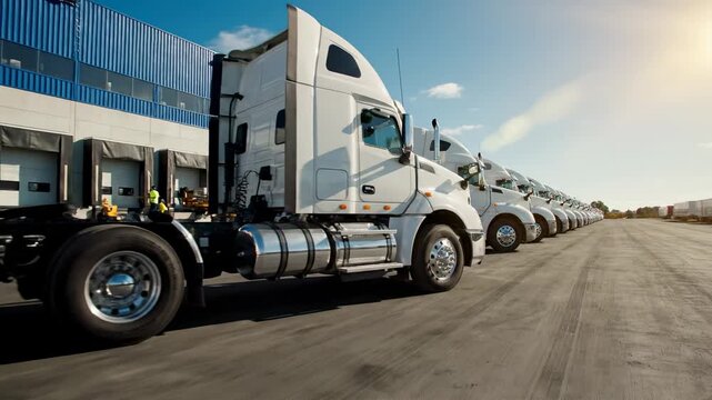 White semi truck fleet parked at logistic warehouse and driving on sunny day. Commercial transportation concept.
