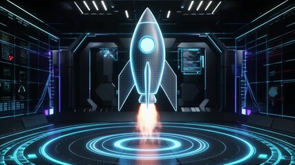 Futuristic rocket launch in high-tech environment animation, Sleek rocket hologram interaction