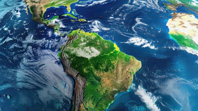 Satellite of South America with visible coastlines and clouds.