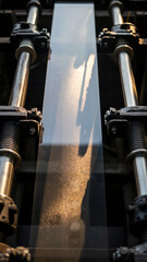 Close-up of mechanical parts supporting a reflective glass surface.