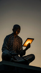 Person sitting cross-legged outdoors, using a glowing tablet during dusk or dawn.