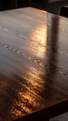 wooden table reflecting warm sunlight, smooth surface with visible wood grain.