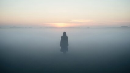 Woman standing alone in a vast, foggy landscape at sunrise, creating a serene and mysterious atmosphere.