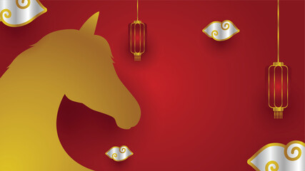 Chinese lunar new year template with golden horse silhouette set against a red copy space background. Year of the horse background illustration.